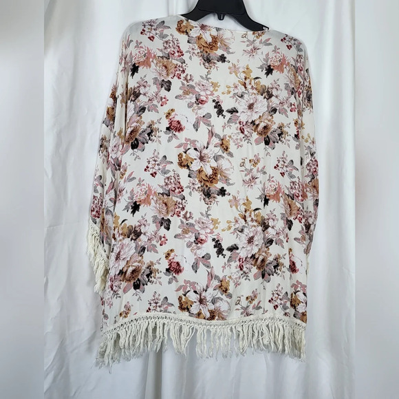 Umgee Boho White Floral Fringe Open Front Romantic Kimono Jacket‎ Size M/L - Picture 5 of 7